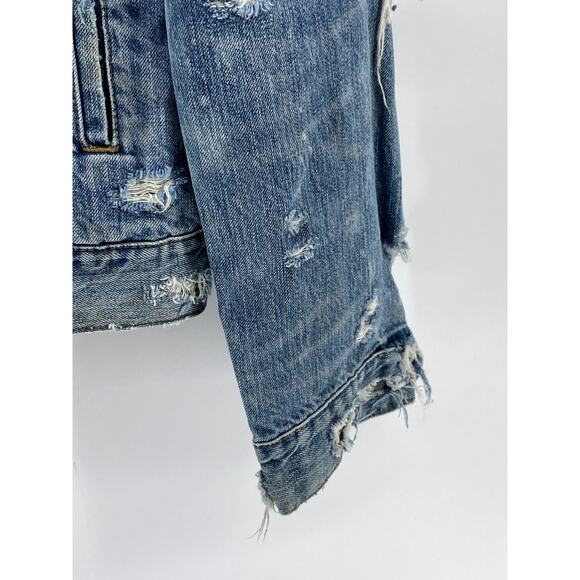 LEVI'S Men's Medium Wash Distressed Patchwork Streetwear Button-Up Jacket SZ M/L - Picture 8 of 12